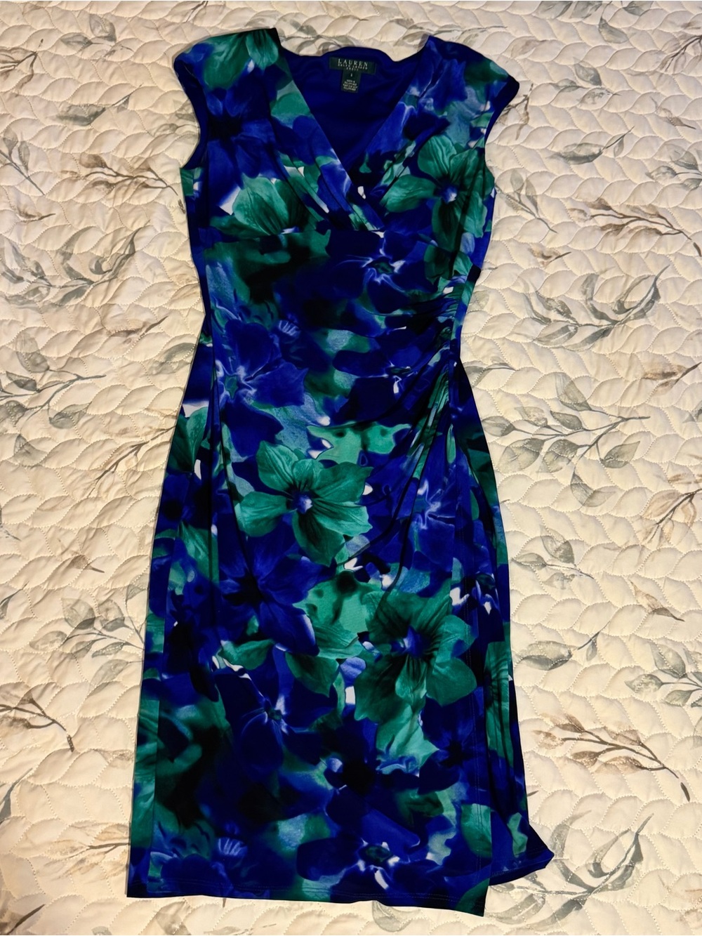 Lauren Ralph Lauren Blue Green Floral Faux Wrap Ruched Dress Cap Sleeve Size 2